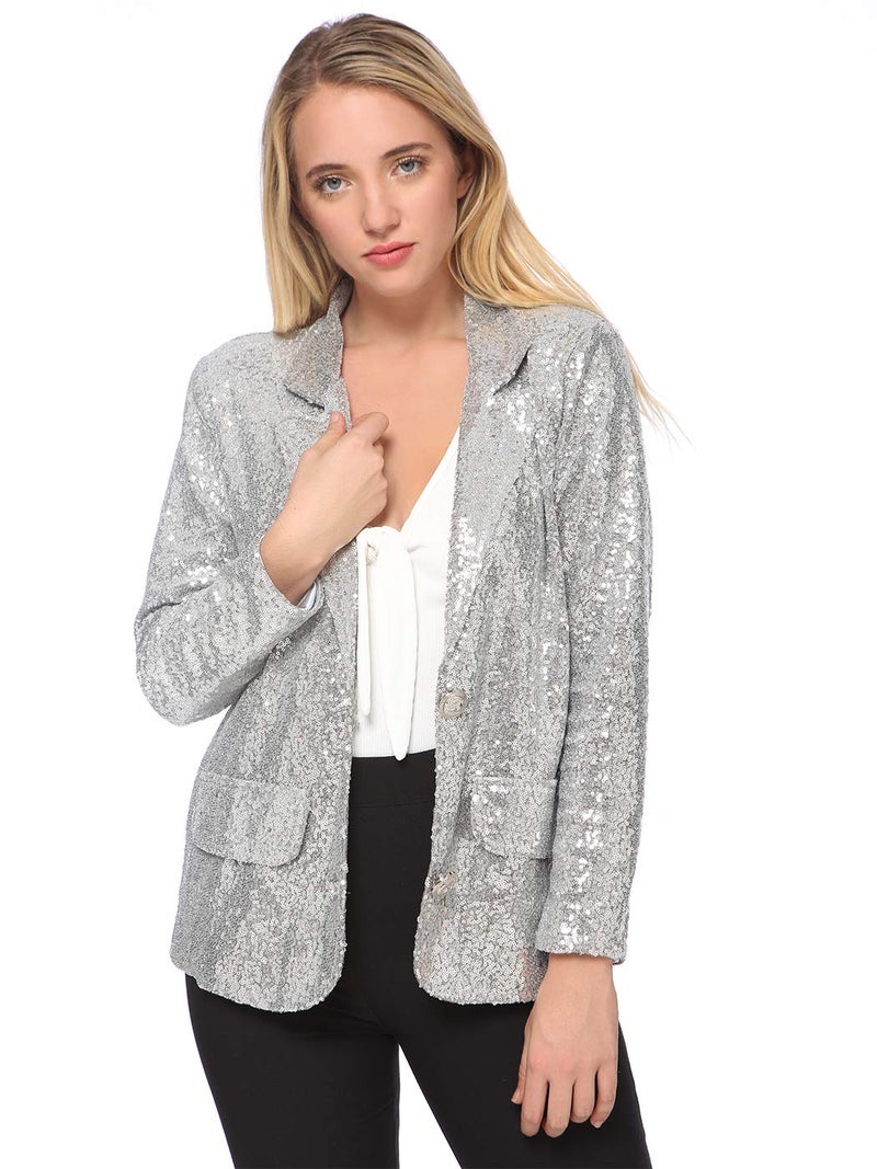 Anna-Kaci Women's Evening Sparkle Sequins Open Front Long Sleeve Blazer Jacket,Silver,Large - Image 1